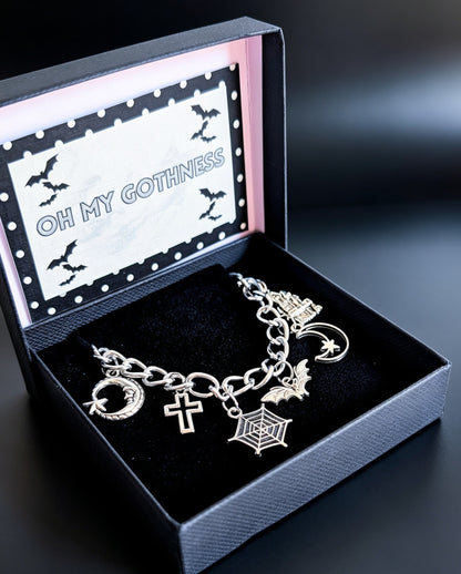 Hand Made Chunky Silver Tone Metal Chain Goth Charm Bracelet. Bat, Moon, Cross. Boxed Gift