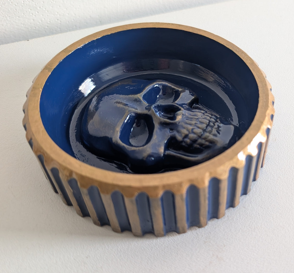 Hand Cast Chunky Blue & Antique Gold Skull Trinket Jewellery Dish Gothic Keepsake