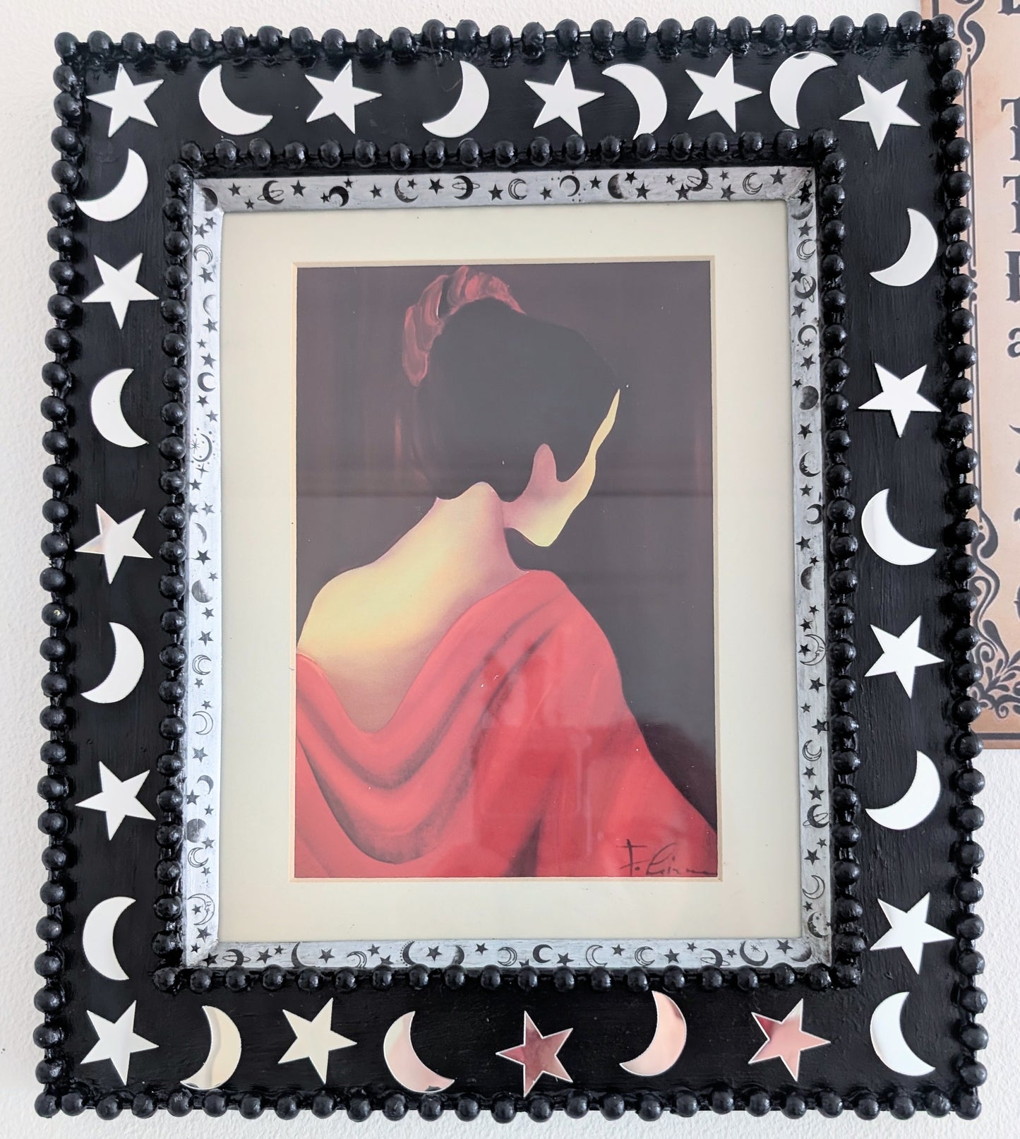 8 x 10" Portrait Wall Hanging Picture Frame. Hand painted Black and Embellished with Mirror Moon and Stars. Goth Home Decor Gift