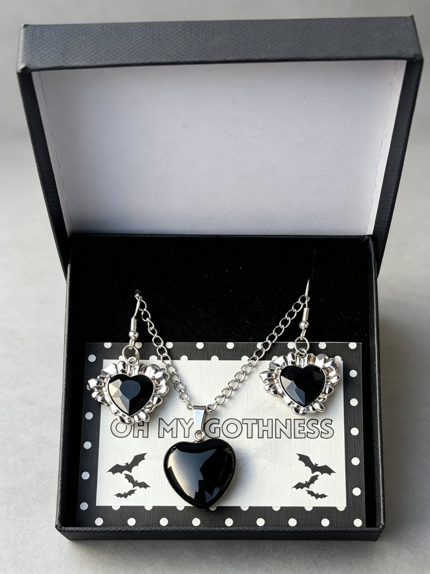 Handmade Black Heart Obsidian Pendant Necklace and Drop Earrings—Boxed Goth Gift Set.