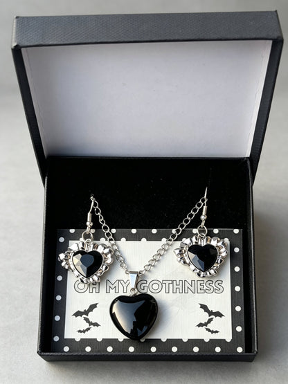Handmade Black Heart Obsidian Pendant Necklace and Drop Earrings—Boxed Goth Gift Set.