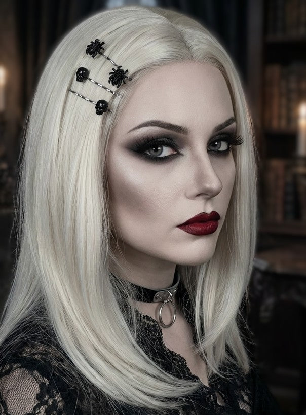 2 x Pairs of Handmade Gothic Hair Slides Black Skulls and Spiders. Goth Accessories