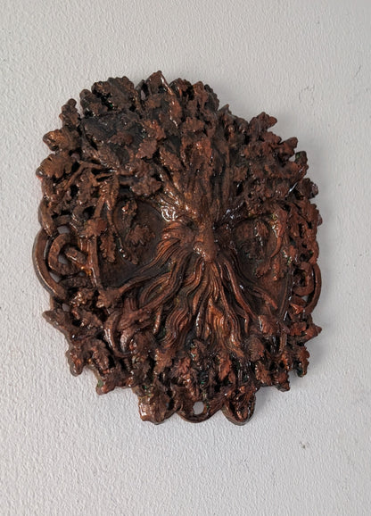 Handcast Green man wall hanging plaque in copper tones. Pagan Home Decor
