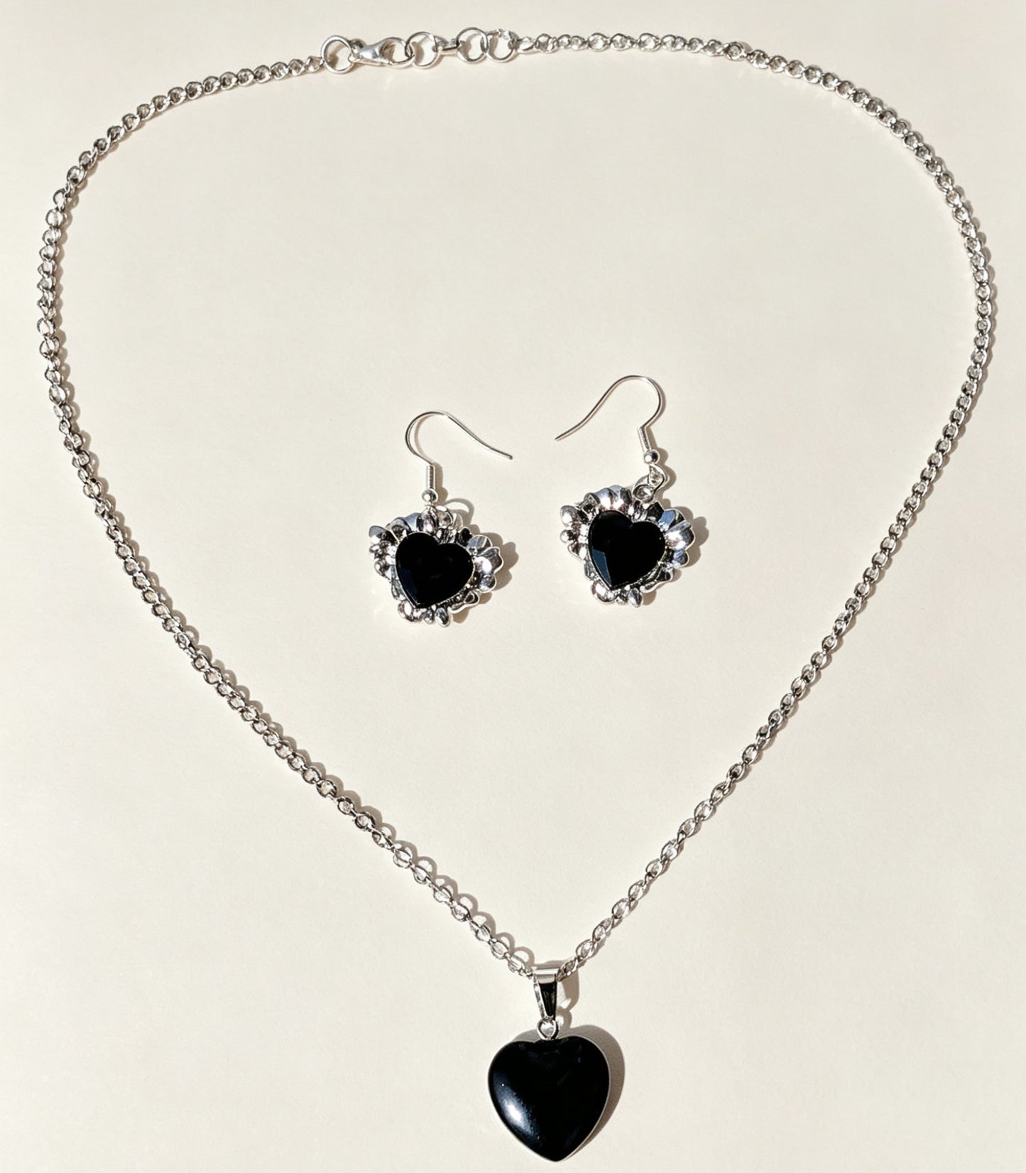 Handmade Black Heart Obsidian Pendant Necklace and Drop Earrings—Boxed Goth Gift Set.