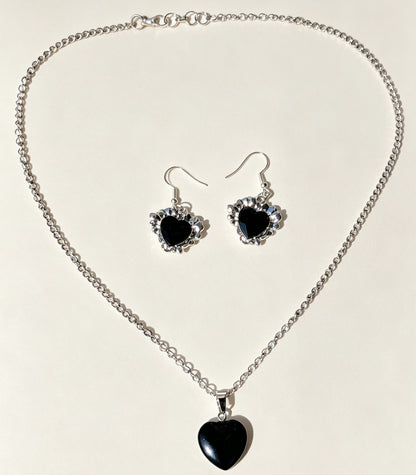 Handmade Black Heart Obsidian Pendant Necklace and Drop Earrings—Boxed Goth Gift Set.