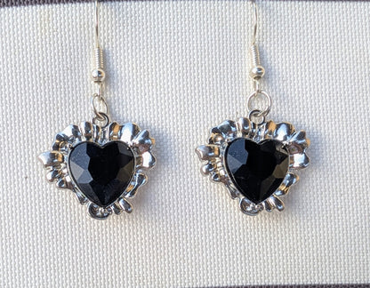 Handmade Black Heart Obsidian Pendant Necklace and Drop Earrings—Boxed Goth Gift Set.