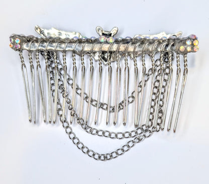 Handmade Silver Metal-Tone Gothic Bat, Chains, and Diamante Decorative Hair Comb. Prom Wedding Gothic Accessory