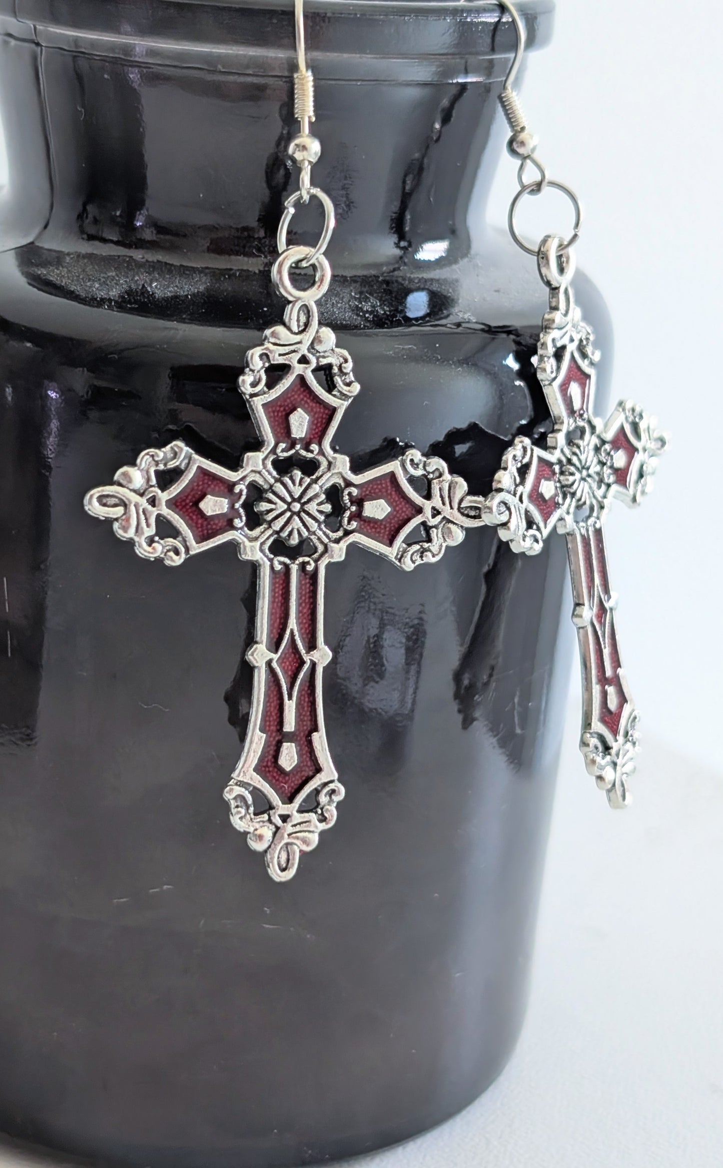 Hand-made red and silver large crucifix drop dangle earrings. Gothic Vampire Gift