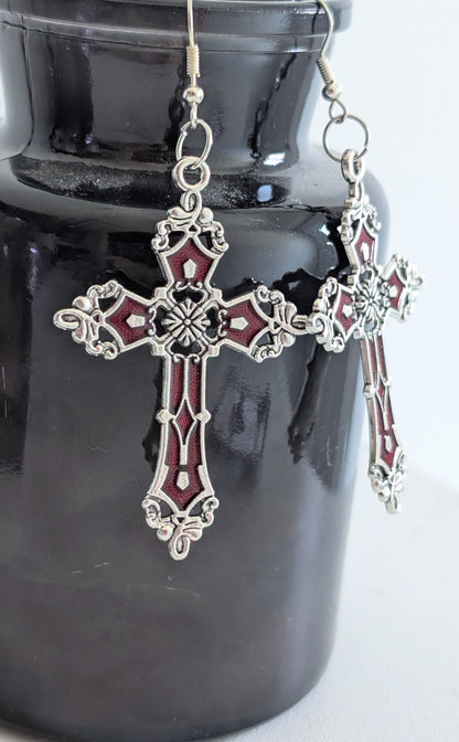 Hand-made red and silver large crucifix drop dangle earrings. Gothic Vampire Gift