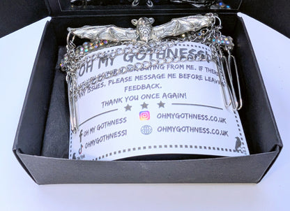 Handmade Silver Metal-Tone Gothic Bat, Chains, and Diamante Decorative Hair Comb. Prom Wedding Gothic Accessory