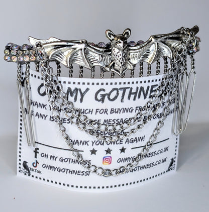 Handmade Silver Metal-Tone Gothic Bat, Chains, and Diamante Decorative Hair Comb. Prom Wedding Gothic Accessory