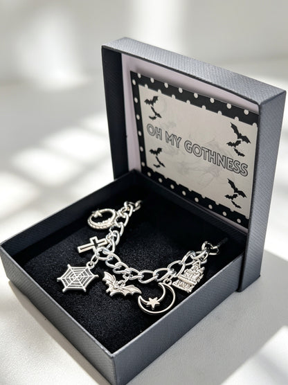 Hand Made Chunky Silver Tone Metal Chain Goth Charm Bracelet. Bat, Moon, Cross. Boxed Gift