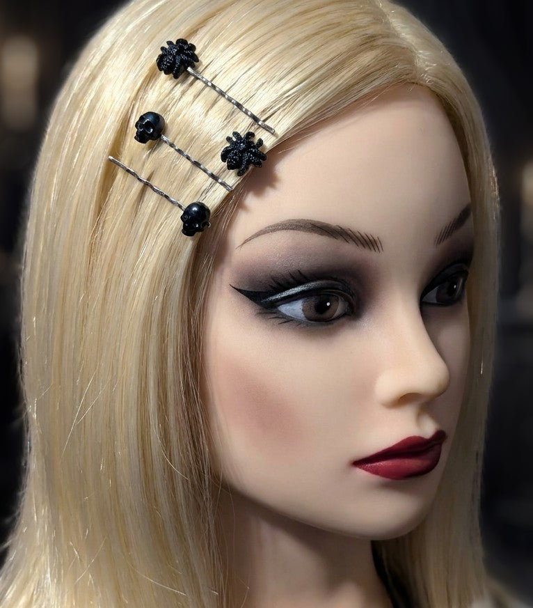 2 x Pairs of Handmade Gothic Hair Slides Black Skulls and Spiders. Goth Accessories