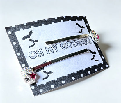Handmade diamante skull hair slide clips. Cute goth accessory