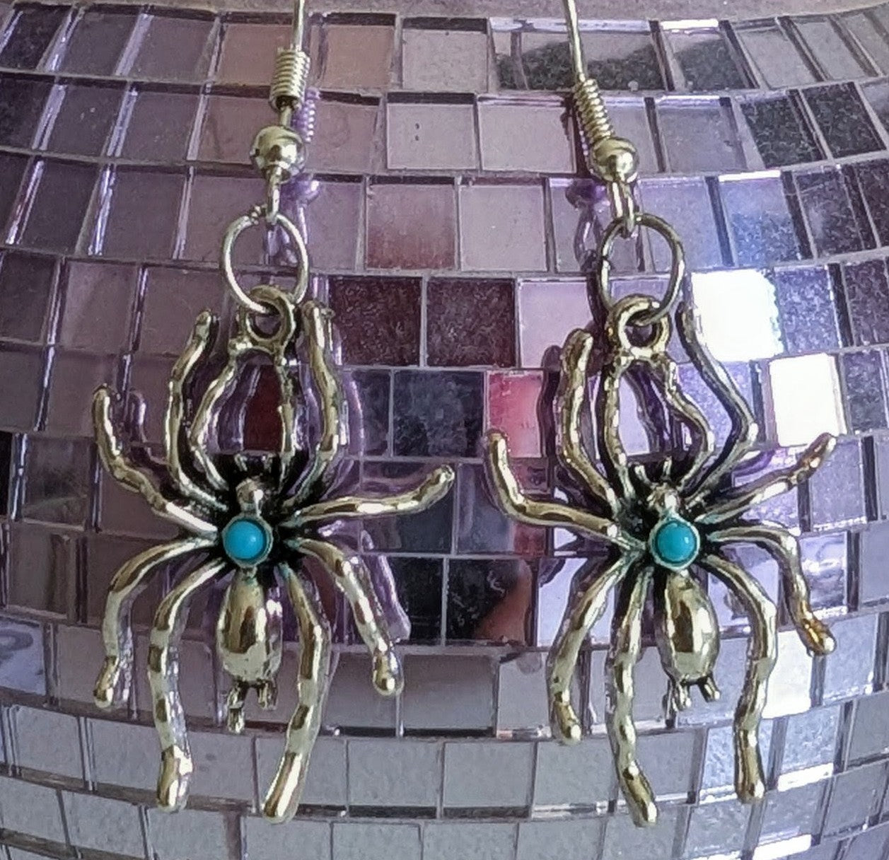 Handmade Silver-tone Metal and Turquoise Spider Dangle Drop Earrings. Spooky Gothic Gift