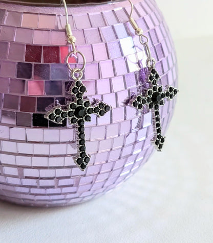 Handmade Black Diamante Cross Crucifix Dangle Drop Earrings. Goth Y2K Gift