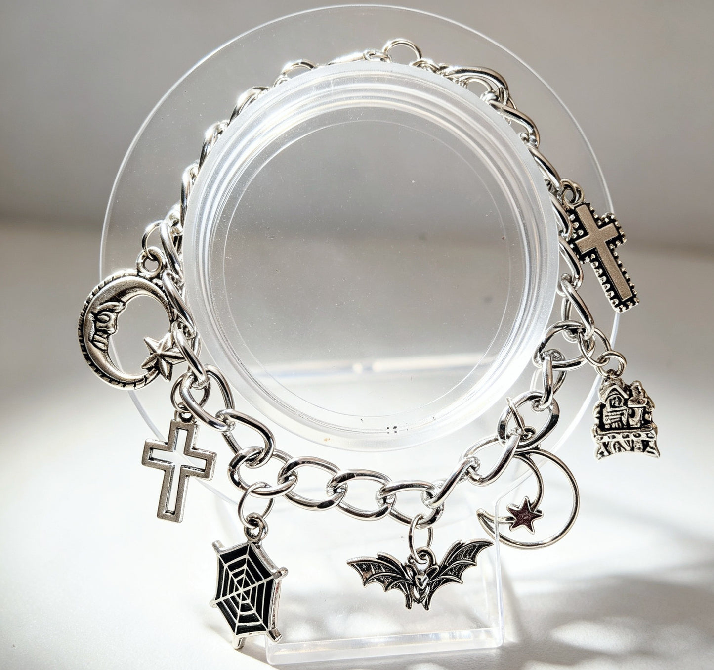 Hand Made Chunky Silver Tone Metal Chain Goth Charm Bracelet. Bat, Moon, Cross. Boxed Gift