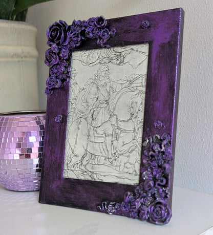 5 x 3.5" Portrait Picture Frame. Hand Painted metallic purple and Embellished With Roses, Skulls and Snakes. Gothic Home Decor Gift