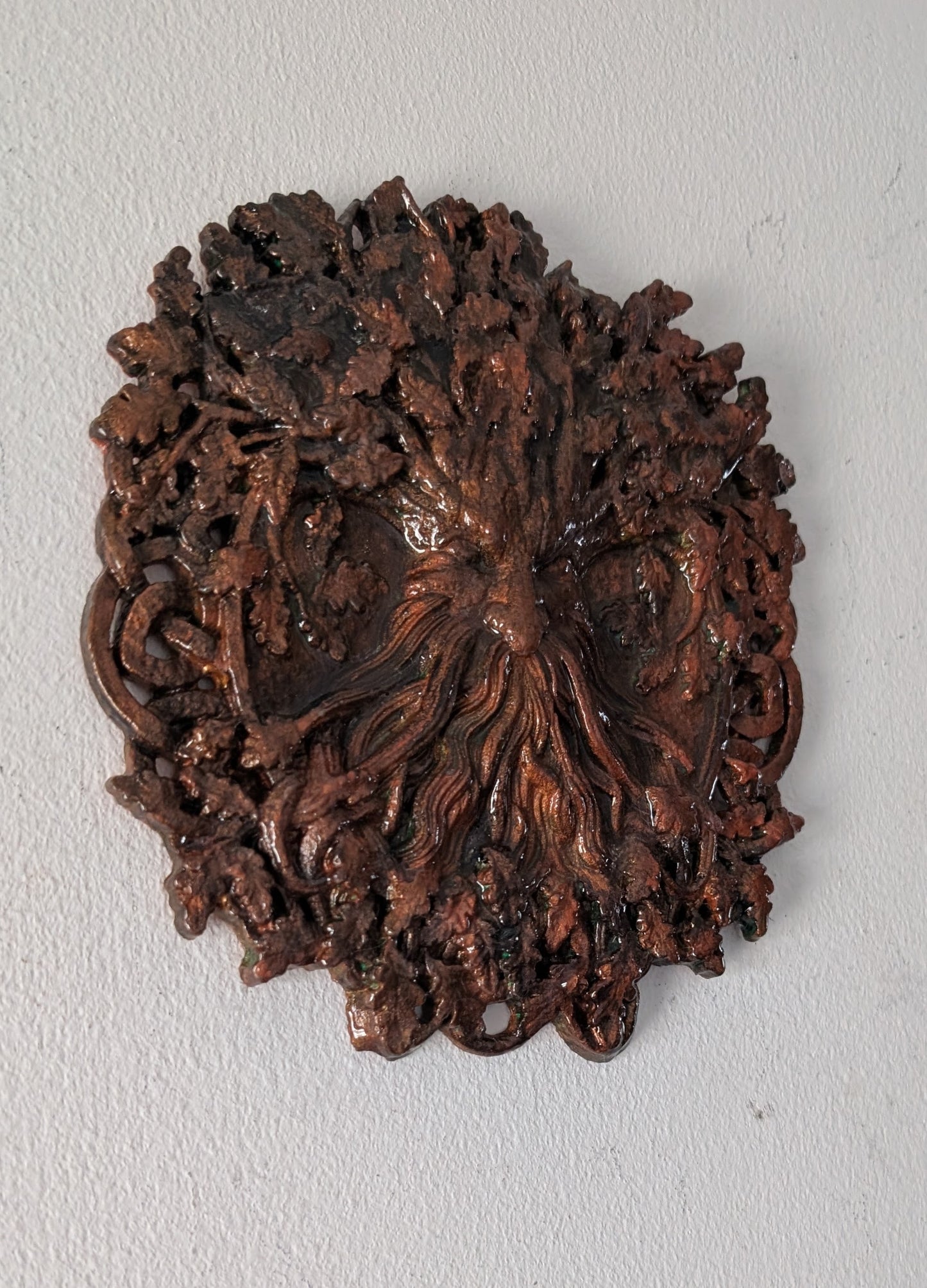 Handcast Green man wall hanging plaque in copper tones. Pagan Home Decor