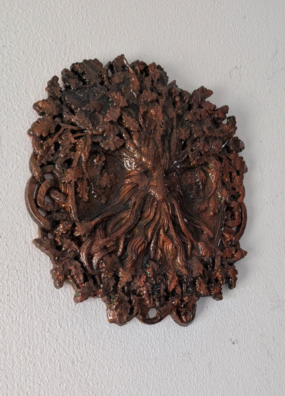 Handcast Green man wall hanging plaque in copper tones. Pagan Home Decor