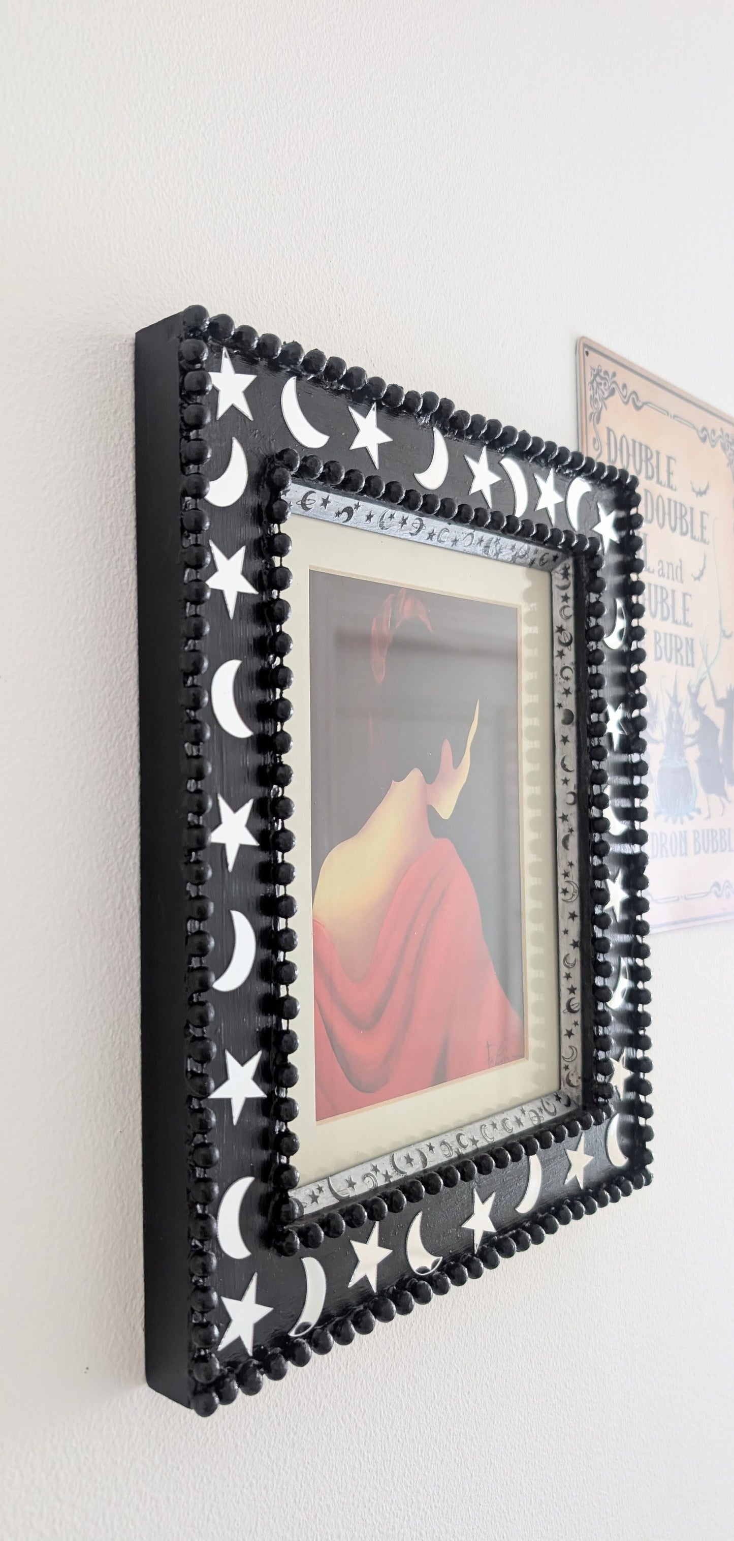 8 x 10" Portrait Wall Hanging Picture Frame. Hand painted Black and Embellished with Mirror Moon and Stars. Goth Home Decor Gift