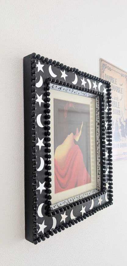 8 x 10" Portrait Wall Hanging Picture Frame. Hand painted Black and Embellished with Mirror Moon and Stars. Goth Home Decor Gift