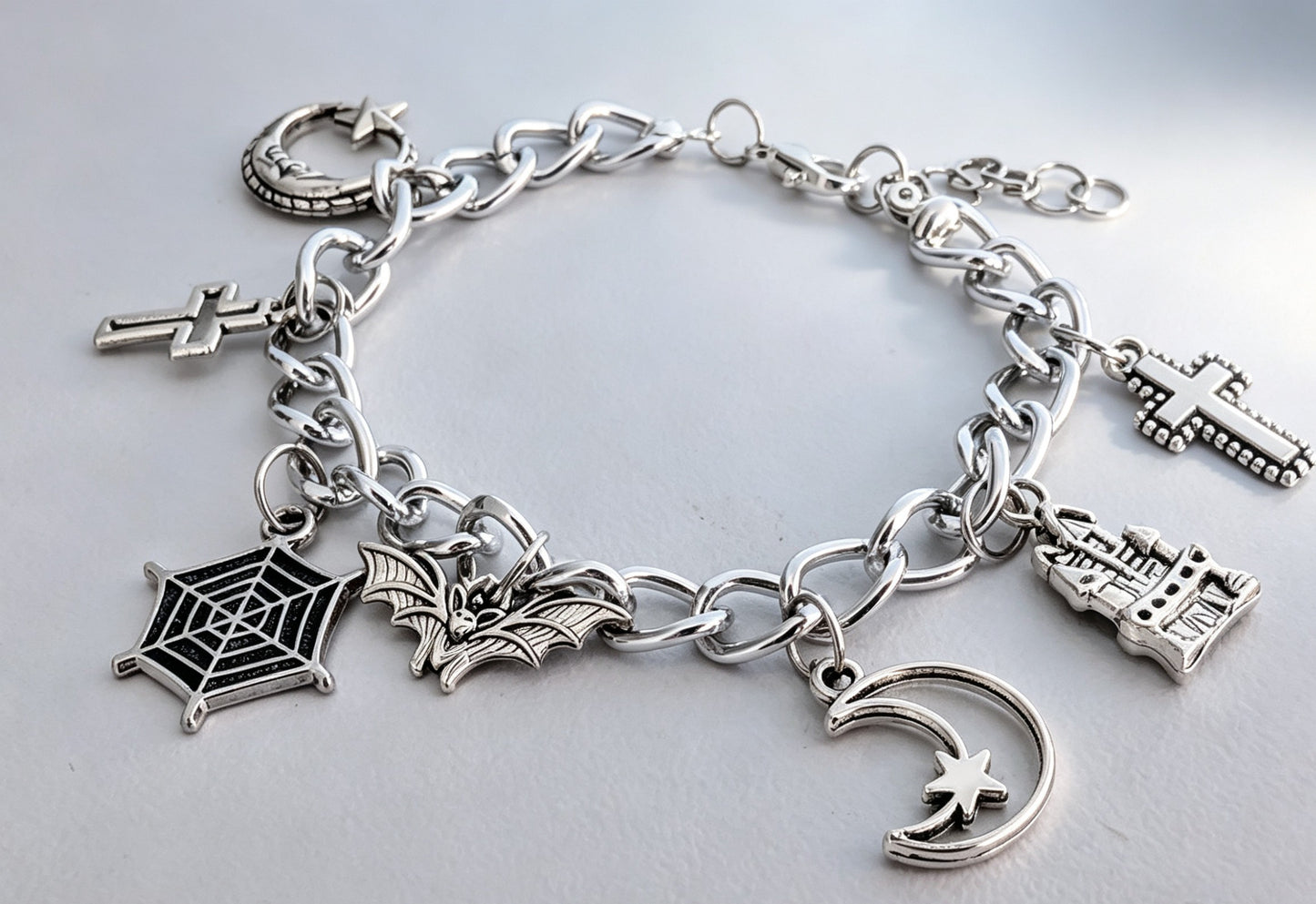 Hand Made Chunky Silver Tone Metal Chain Goth Charm Bracelet. Bat, Moon, Cross. Boxed Gift