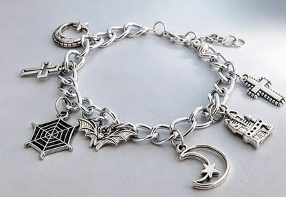 Hand Made Chunky Silver Tone Metal Chain Goth Charm Bracelet. Bat, Moon, Cross. Boxed Gift