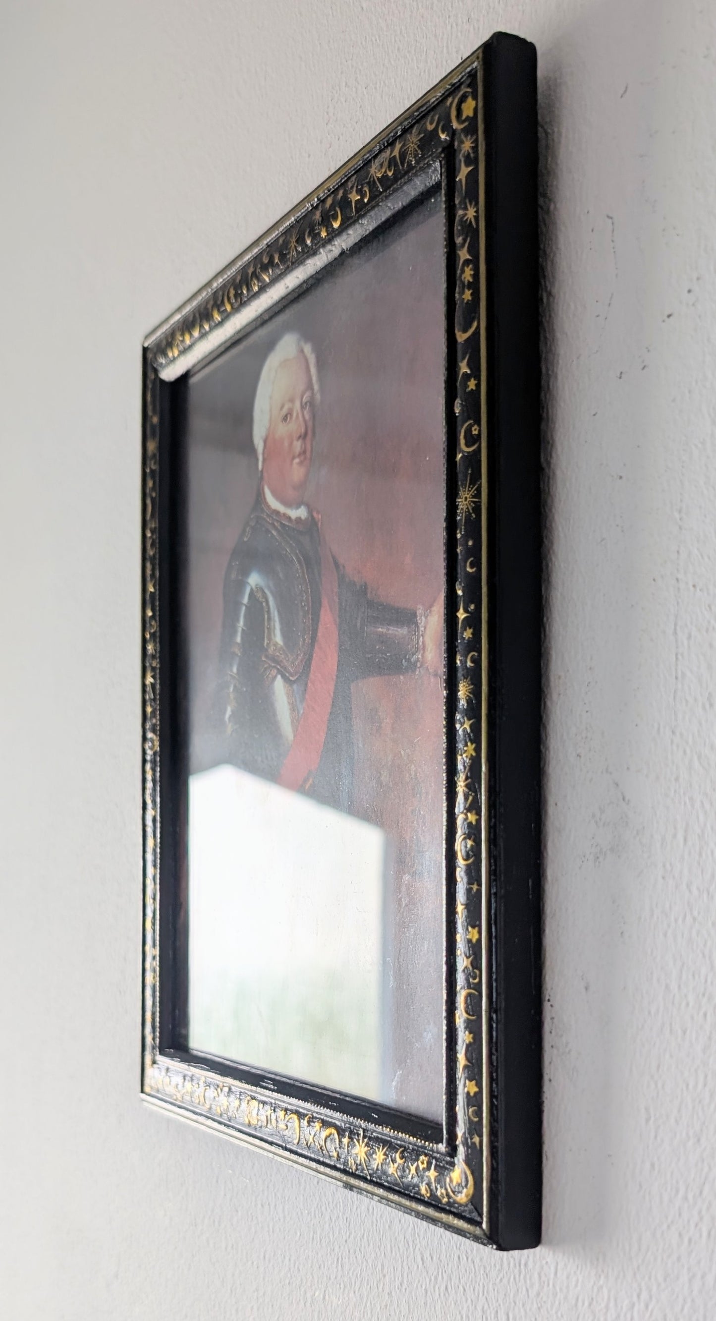 6 x 8 Portrait wall hanging picture frame. Moon and Stars in Black and Gold. Modern gothic home decor