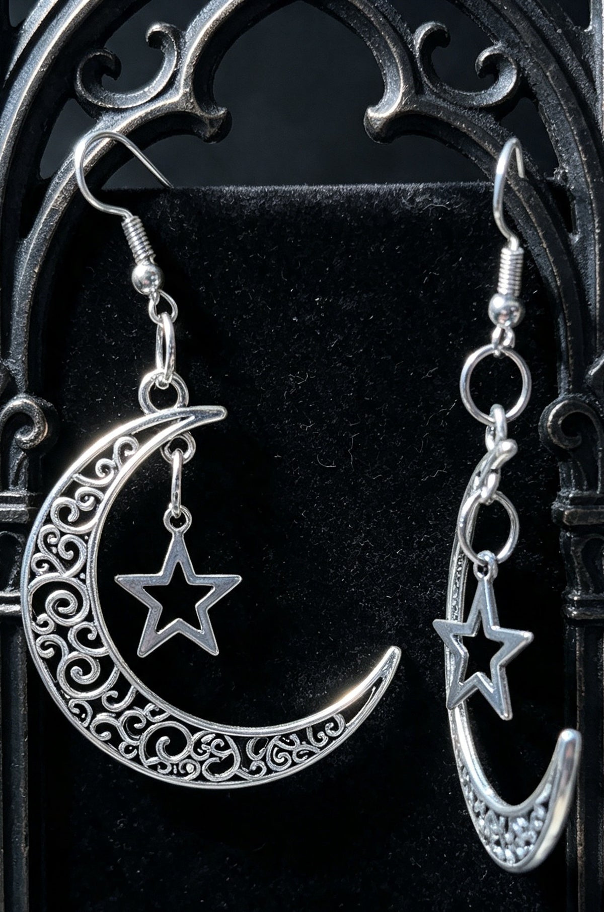 Gothic Hand Made Decorative Moon & Star Dangle Drop Earrings.