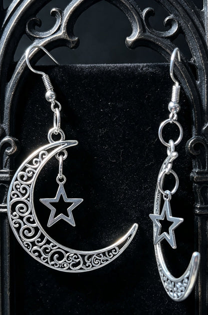 Gothic Hand Made Decorative Moon & Star Dangle Drop Earrings.