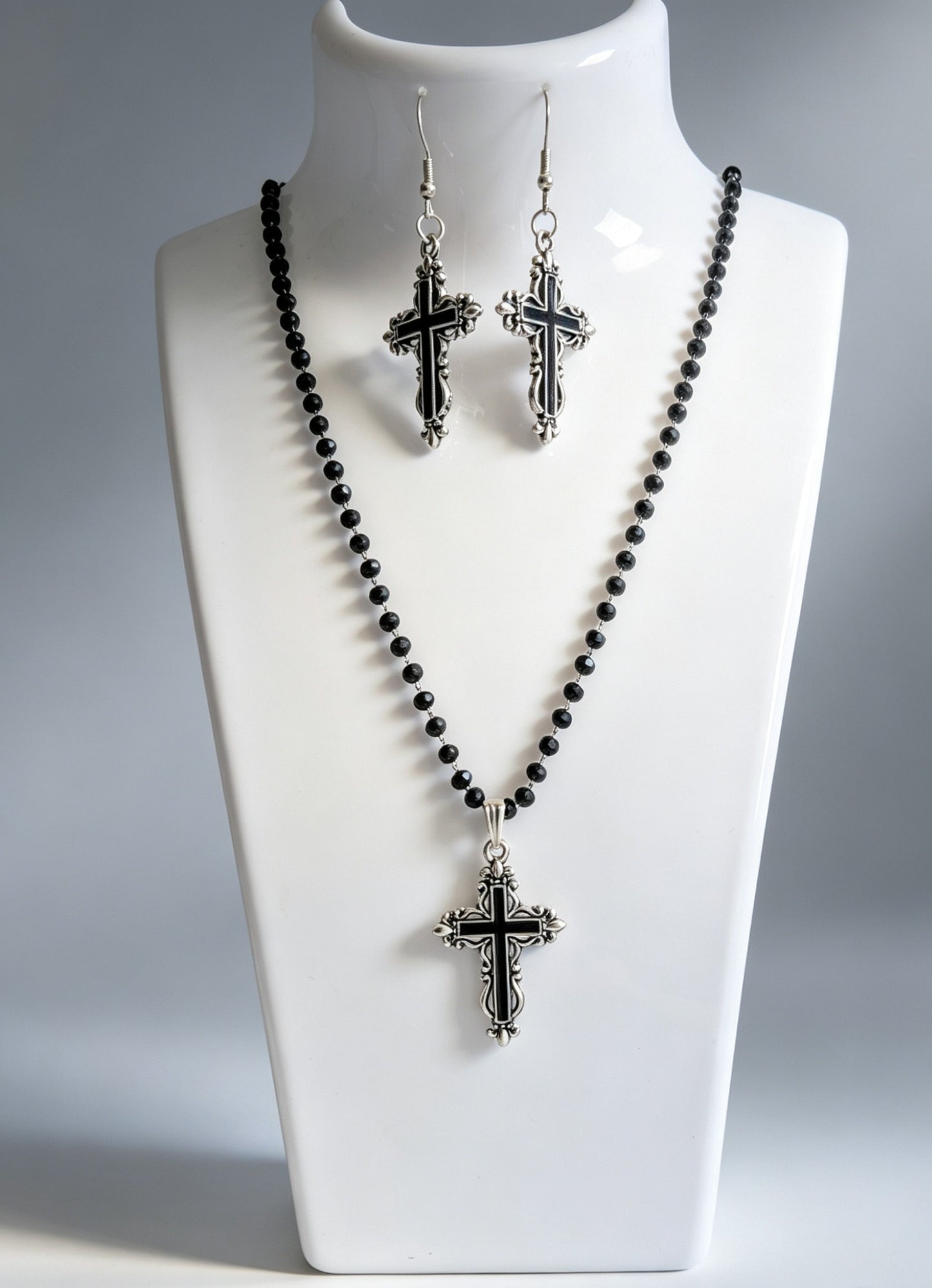 Handmade Black Austrian Crystal Ornate Cross Pendant Necklace and Drop Earrings Boxed Gothic Gift Set