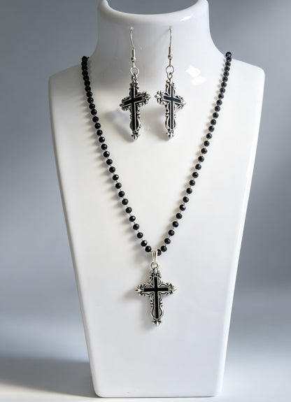 Handmade Black Austrian Crystal Ornate Cross Pendant Necklace and Drop Earrings Boxed Gothic Gift Set