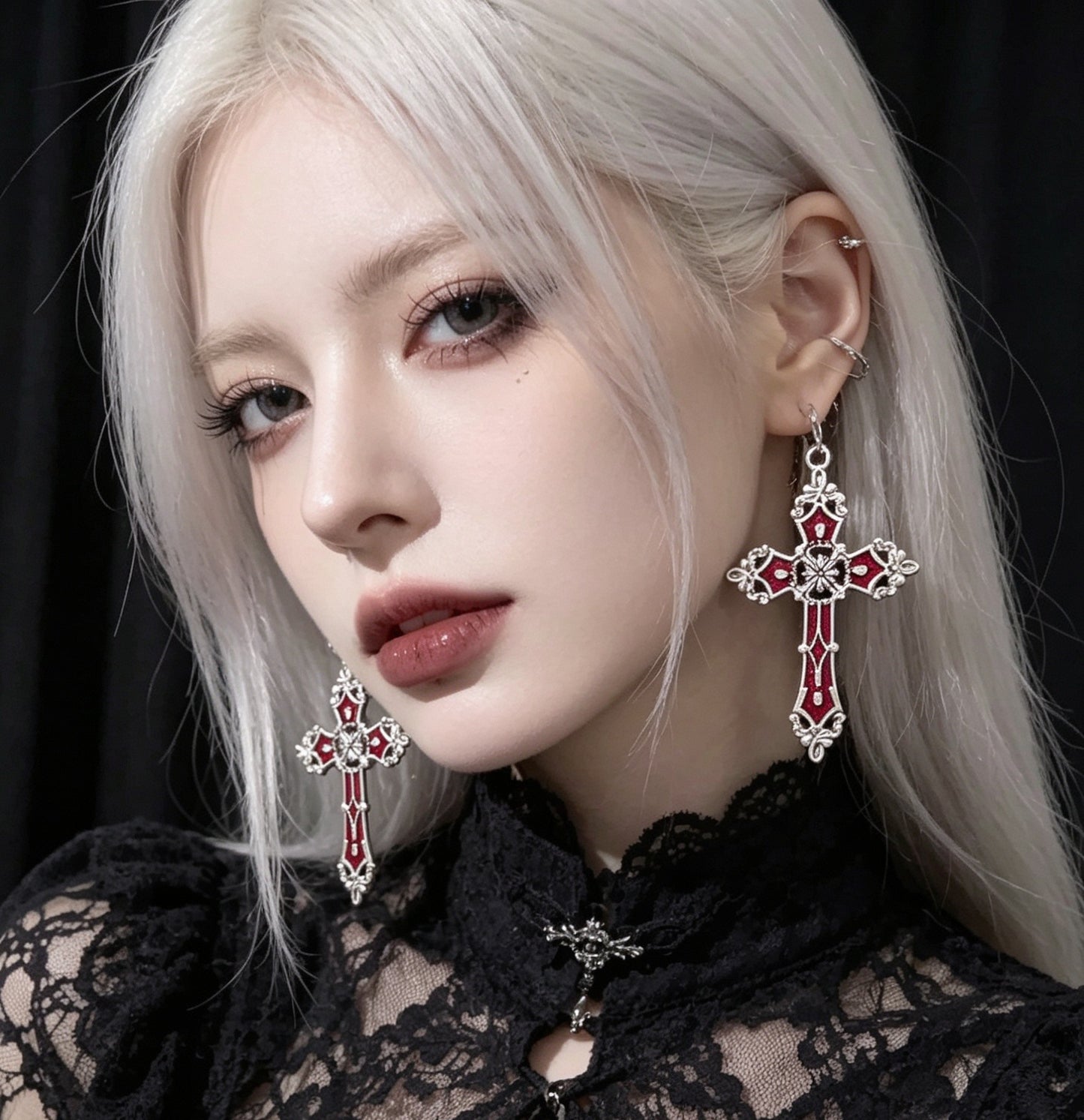 Hand-made red and silver large crucifix drop dangle earrings. Gothic Vampire Gift
