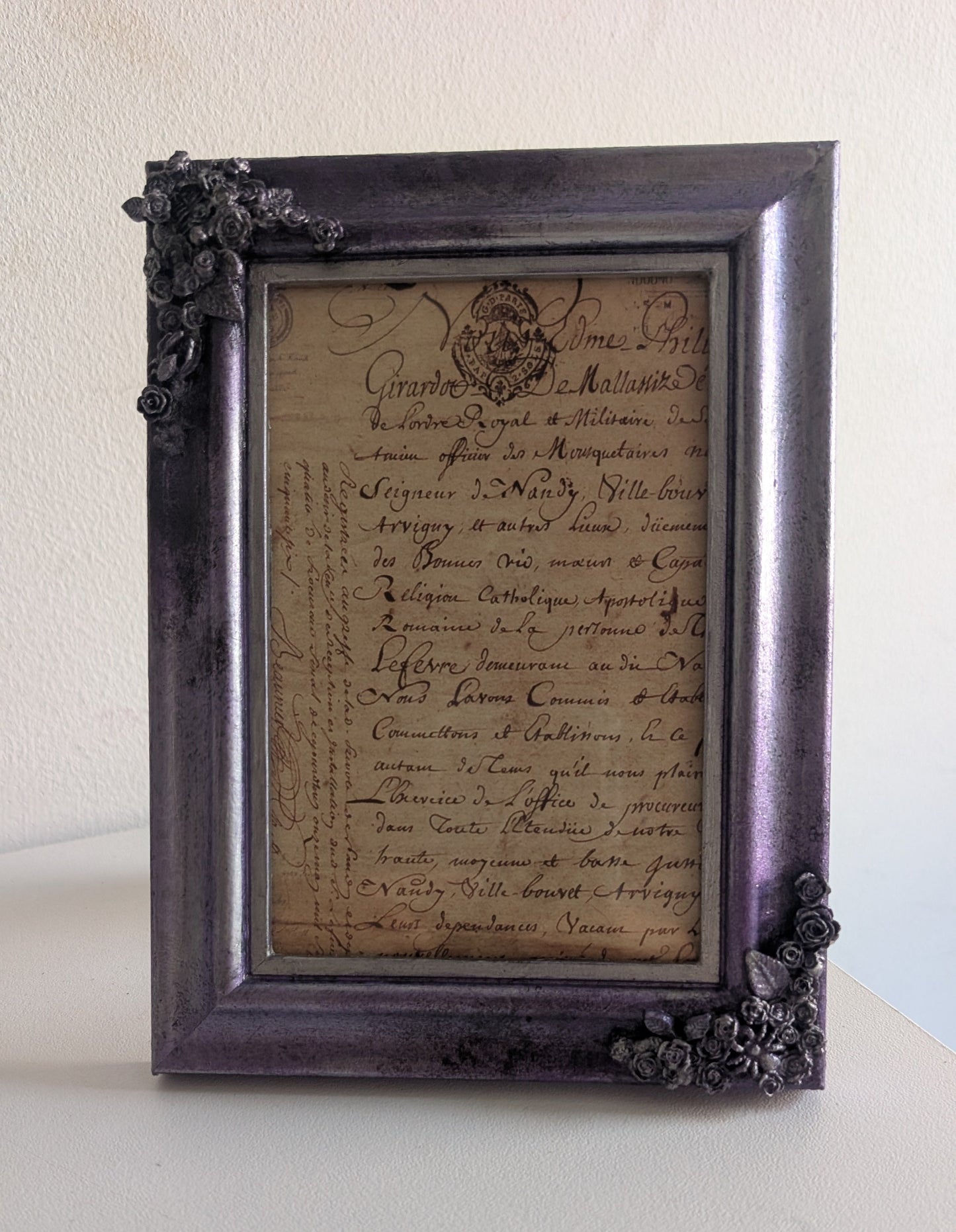 6 x 4" Picture Frame. Metallic Purple and Silver, with Roses, Spiders, Ribcage, and Foliage.