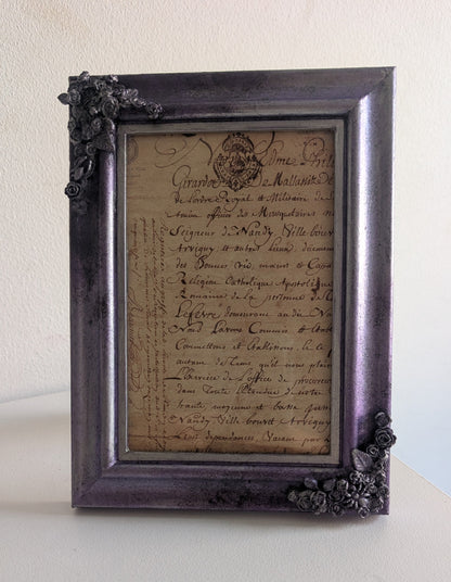 6 x 4" Picture Frame. Metallic Purple and Silver, with Roses, Spiders, Ribcage, and Foliage.