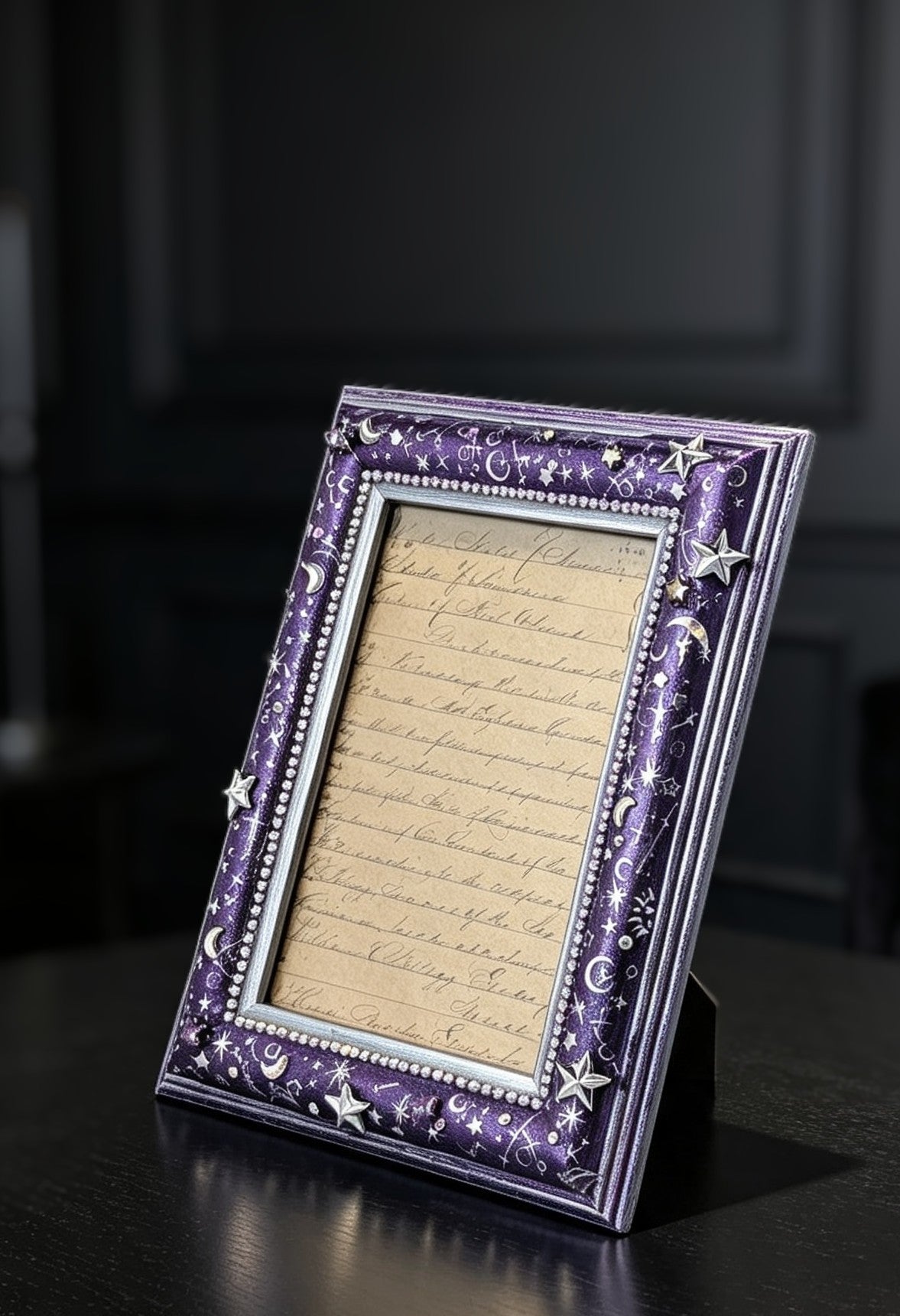 4 x 6" Picture Frame Portrait Freestanding. Metallic Purple and Silver Celestial with Diamante Design.