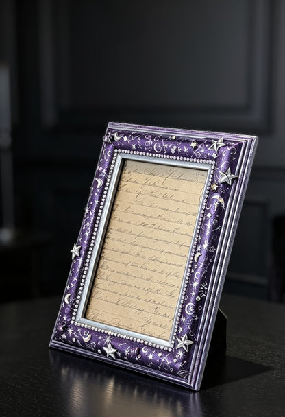 4 x 6" Picture Frame Portrait Freestanding. Metallic Purple and Silver Celestial with Diamante Design.