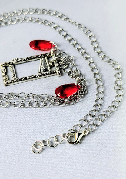 Handmade Guillotine Pendant and red drop Beads Necklace. Goth Teen Gift