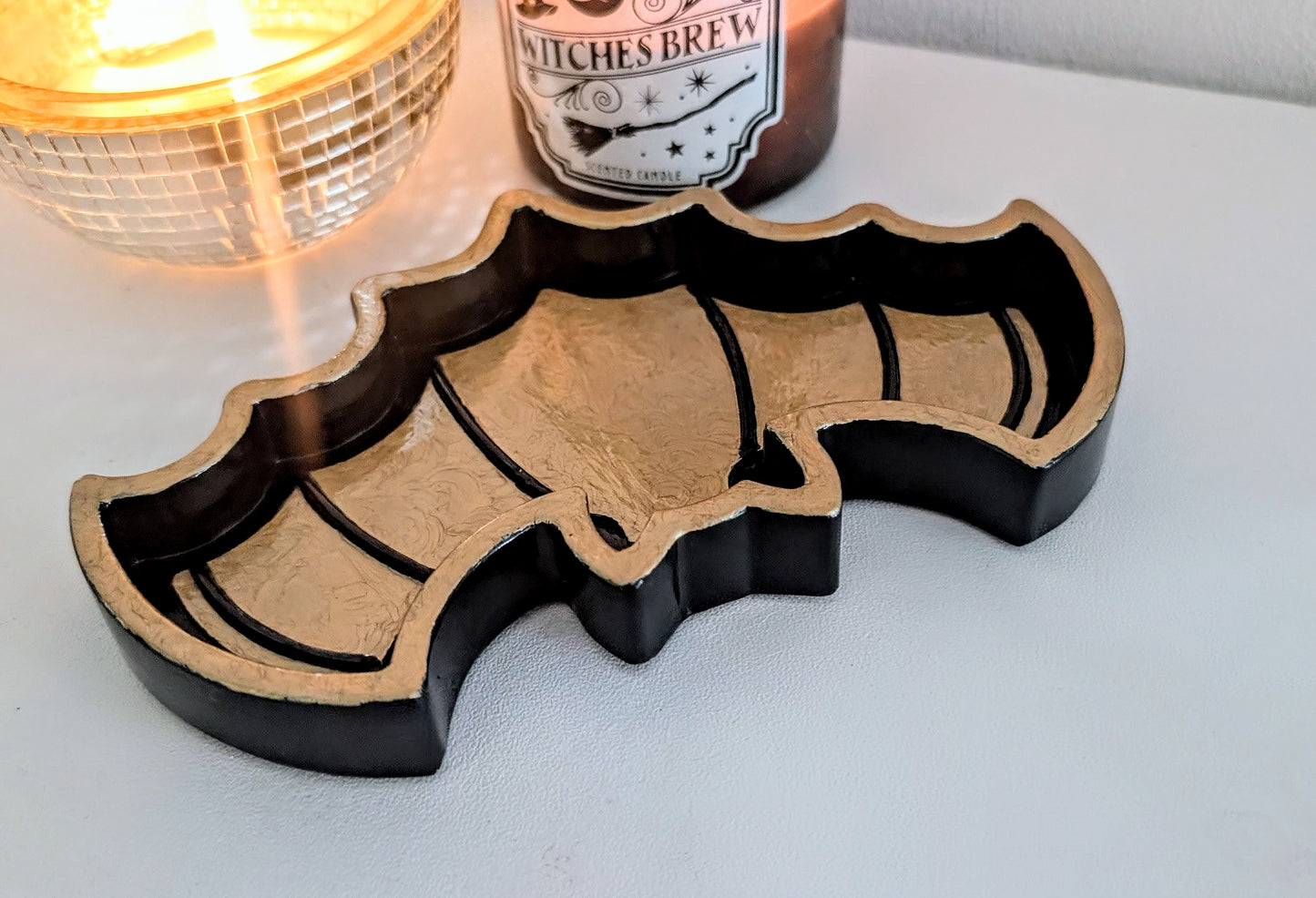 Hand Cast Gold and Dark Blue Bat Jewellery Holder Trinket. Gothic Home Decor