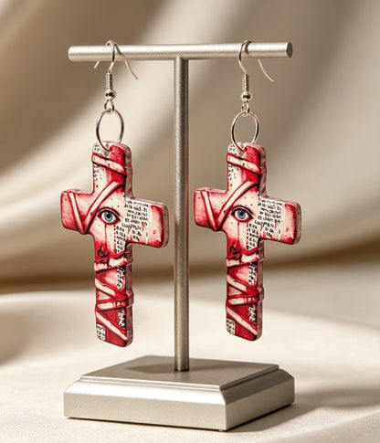 Creepy Hand Made Acrylic Cross Earrings Zombie, Cyclops, Mummy Horror Design