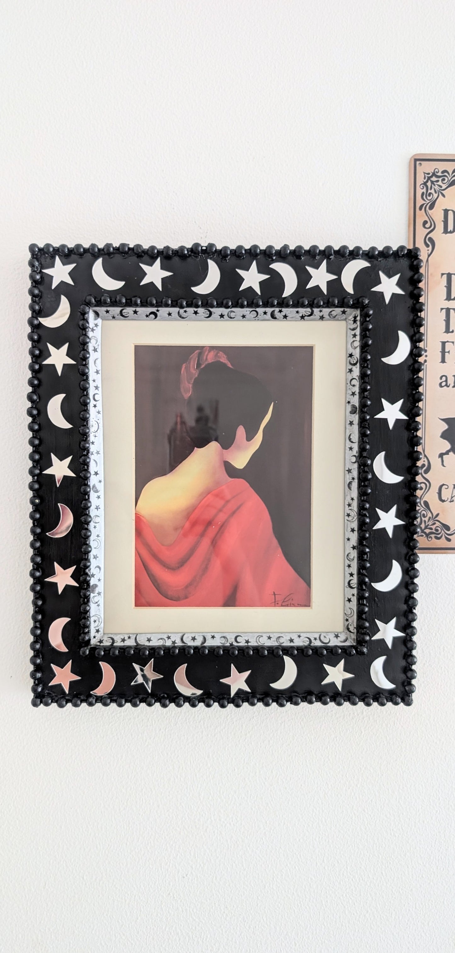 8 x 10" Portrait Wall Hanging Picture Frame. Hand painted Black and Embellished with Mirror Moon and Stars. Goth Home Decor Gift