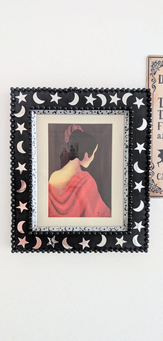 8 x 10" Portrait Wall Hanging Picture Frame. Hand painted Black and Embellished with Mirror Moon and Stars. Goth Home Decor Gift