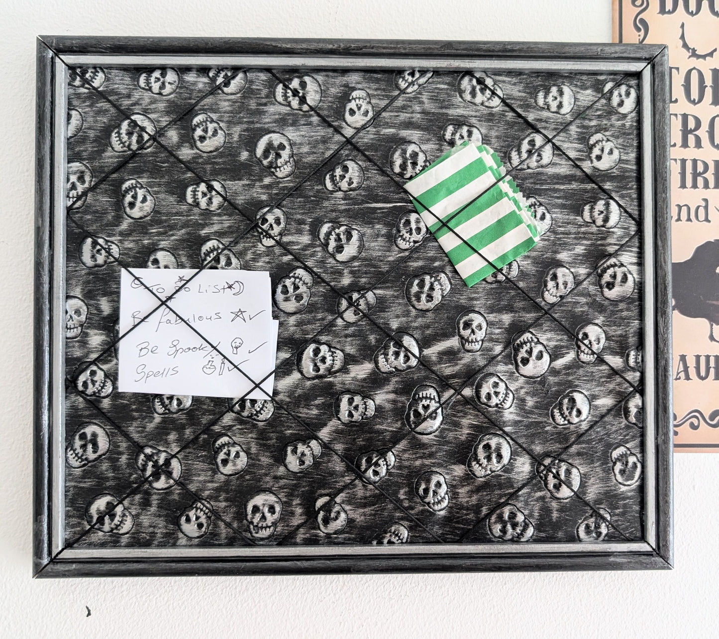 Memo pin board Black Silver Skulls. Gothic Horror Home Decor