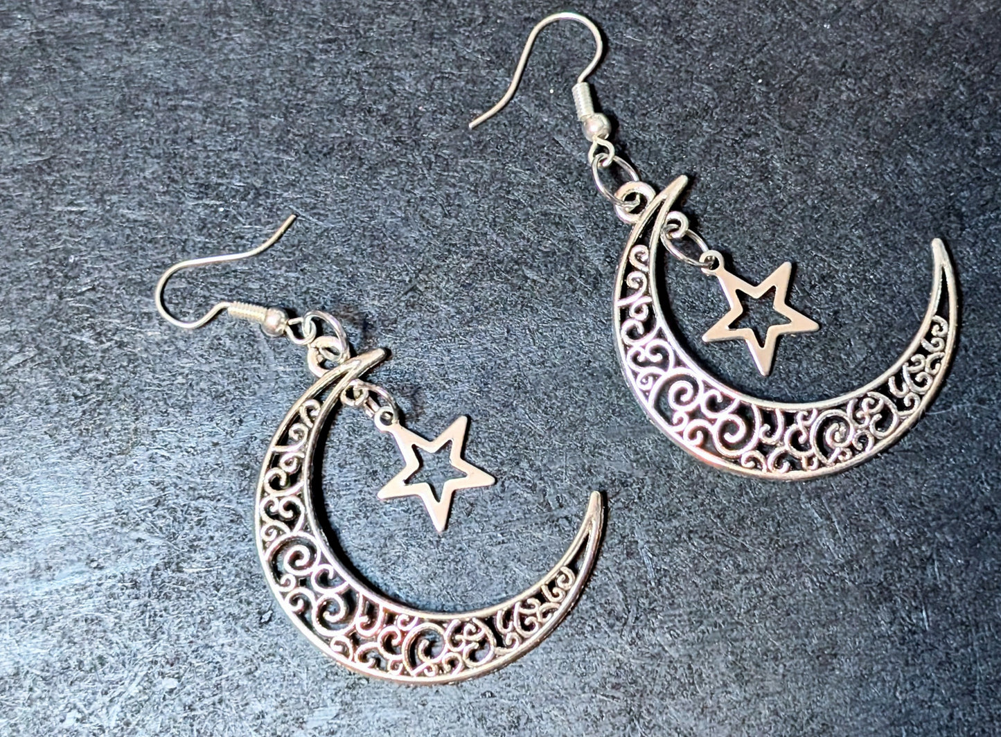 Gothic Hand Made Decorative Moon & Star Dangle Drop Earrings.