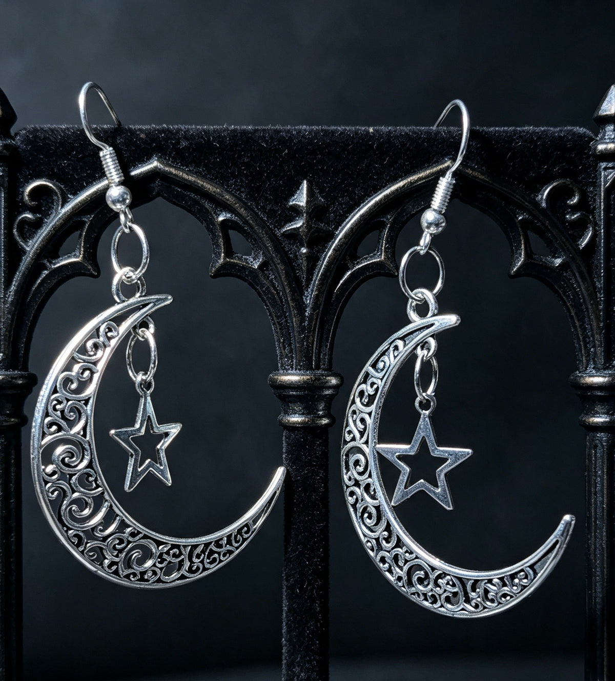 Gothic Hand Made Decorative Moon & Star Dangle Drop Earrings.