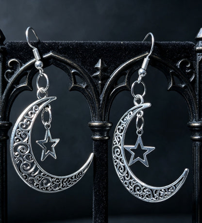 Gothic Hand Made Decorative Moon & Star Dangle Drop Earrings.