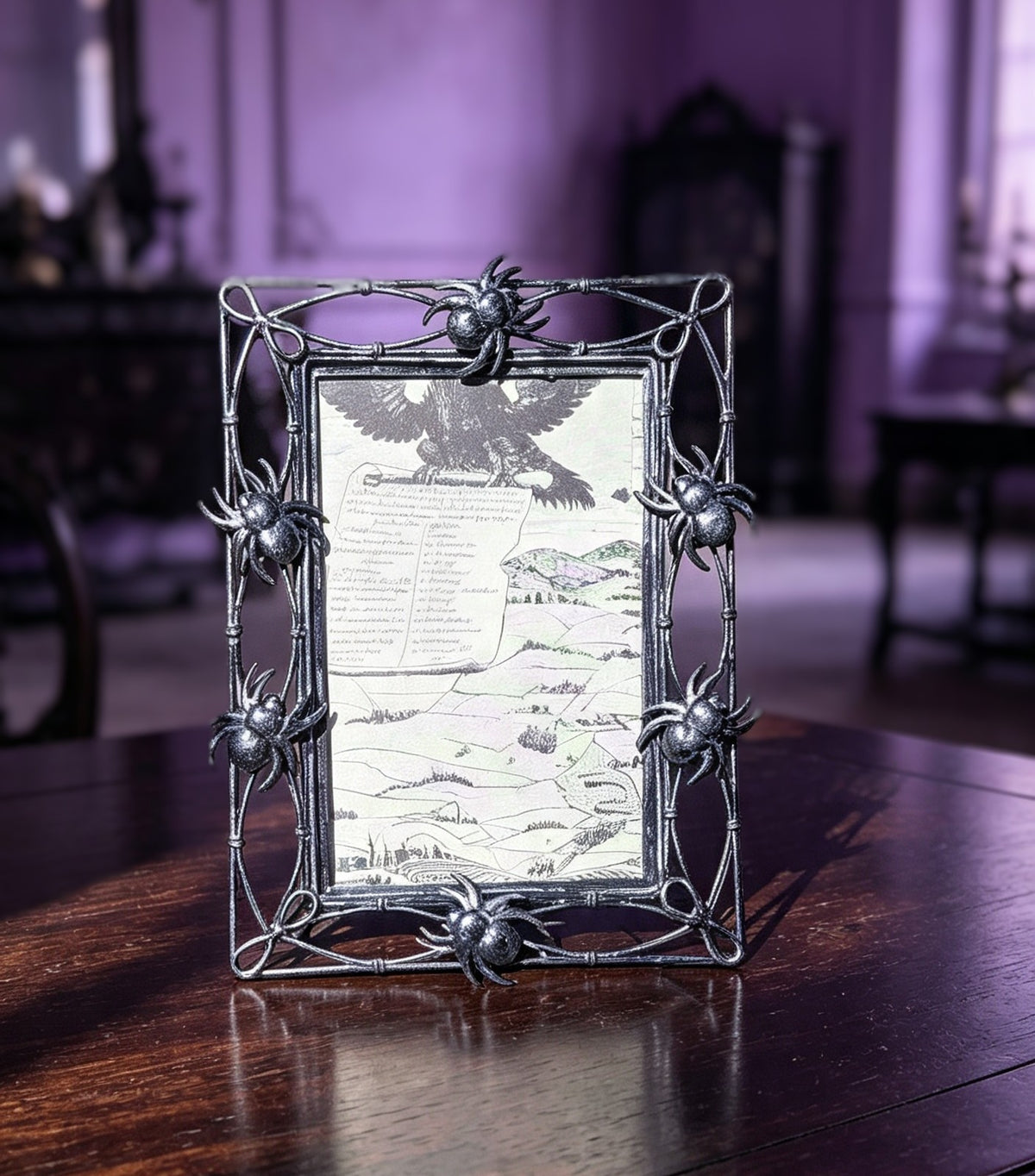 6 x 4" Black and Silver Distressed Metal Picture Frame With Creeping Spiders. Gothic Home Decor