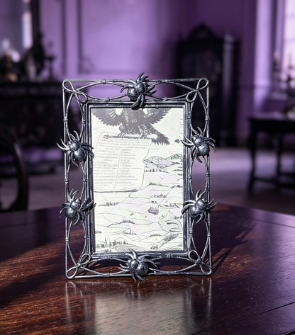 6 x 4" Black and Silver Distressed Metal Picture Frame With Creeping Spiders. Gothic Home Decor