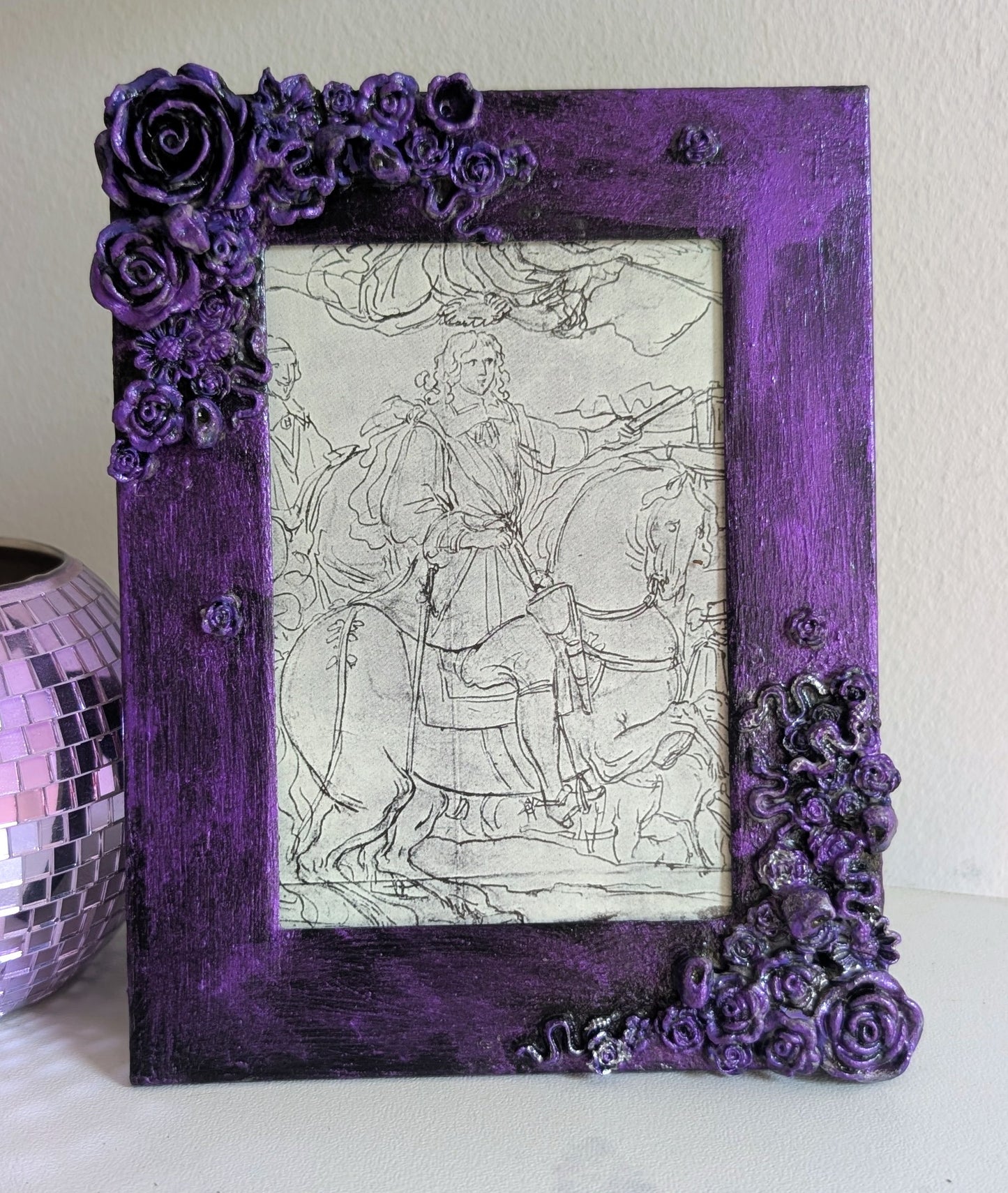 5 x 3.5" Portrait Picture Frame. Hand Painted metallic purple and Embellished With Roses, Skulls and Snakes. Gothic Home Decor Gift